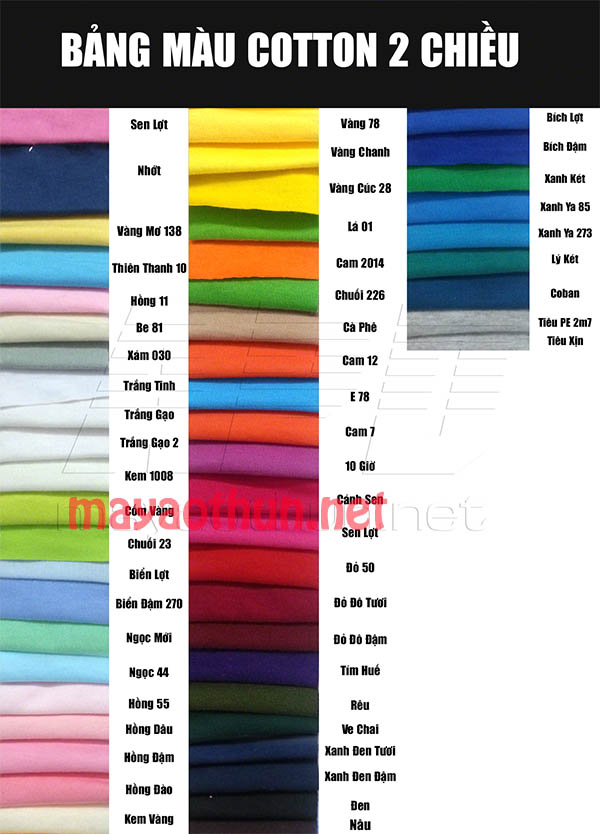 Bảng màu cotton 2 chiều, 65/35 dày mịn, nhiều màu sắc, xem trực tiếp tại xưởng APD