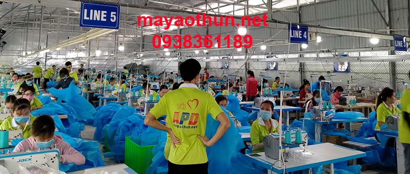 May gia công áo gió, may áo khoác, chuyền may 3, gồm có 5 chuyền may, line 6,7,8